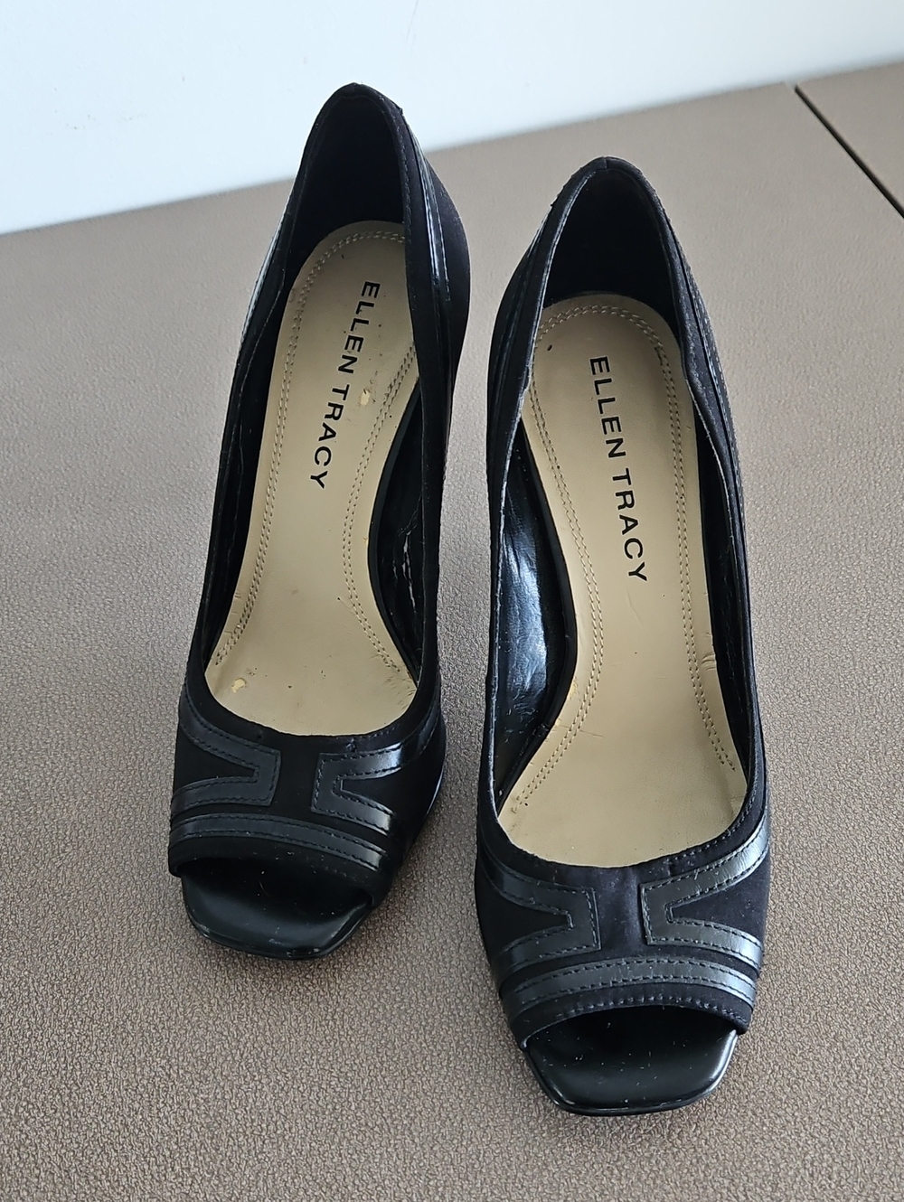 Ellen Tracy Black Peep-Toe Leather Heels